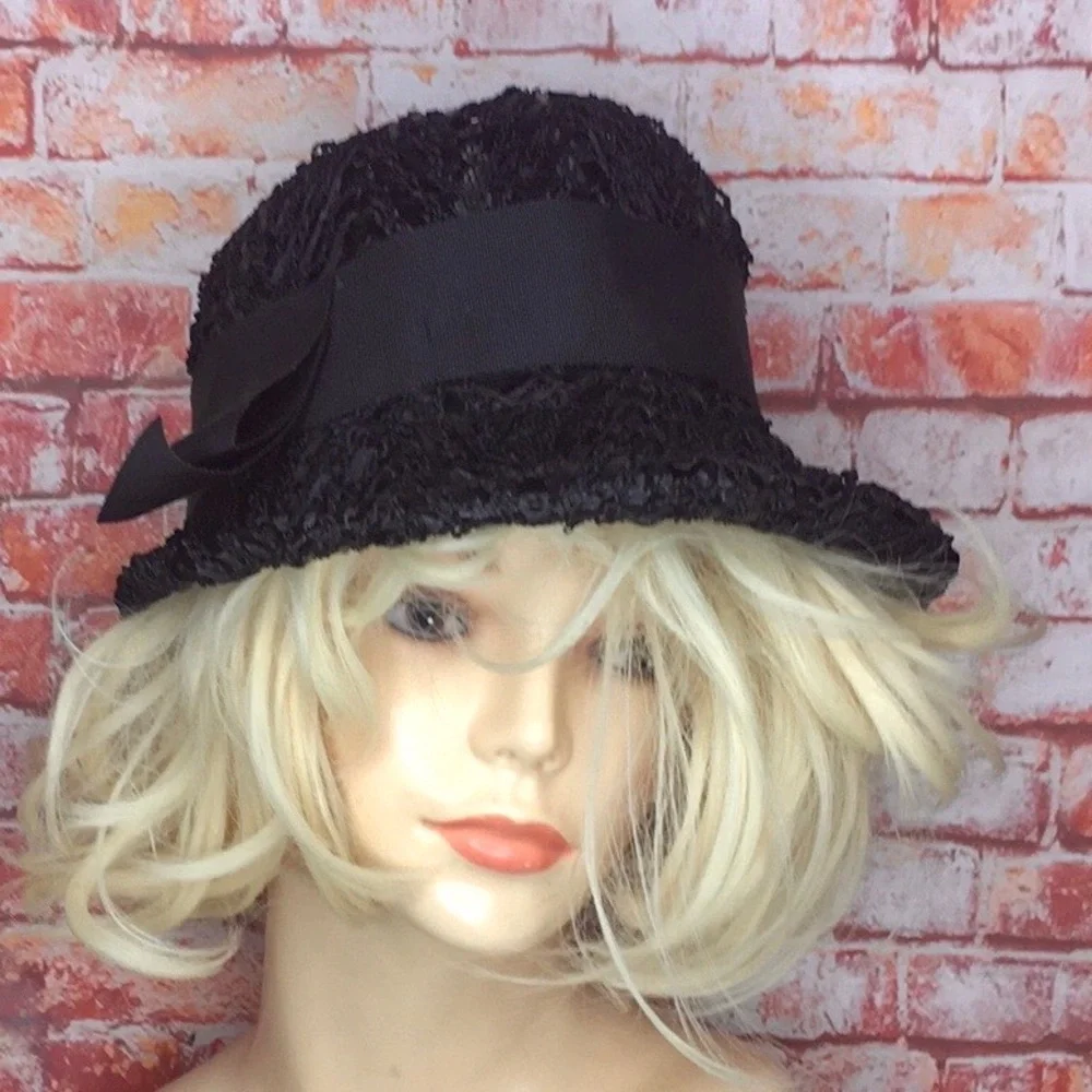 Vintage MCM Black Raffia Beach Cloche Hat